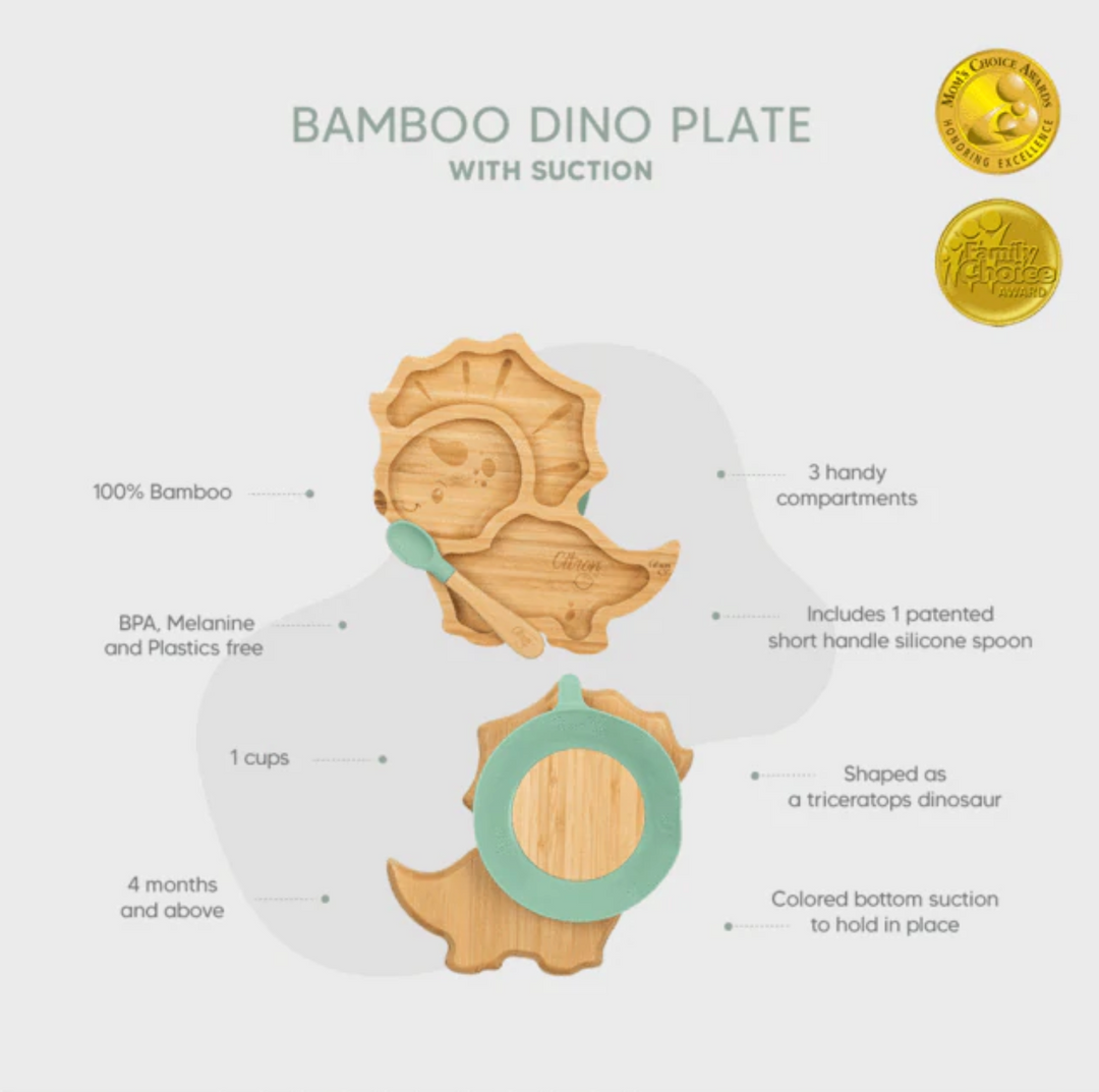 Citron Bamboo Suction Plate & Spoon Set - Dinosaur