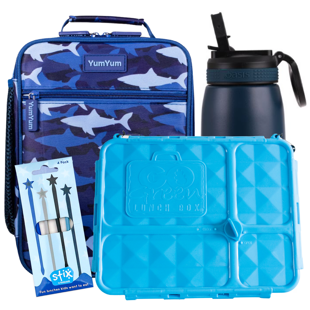 Navy Shark Go Green Lunch Box, Bag & Bottle Bundle - Bonus STIX!