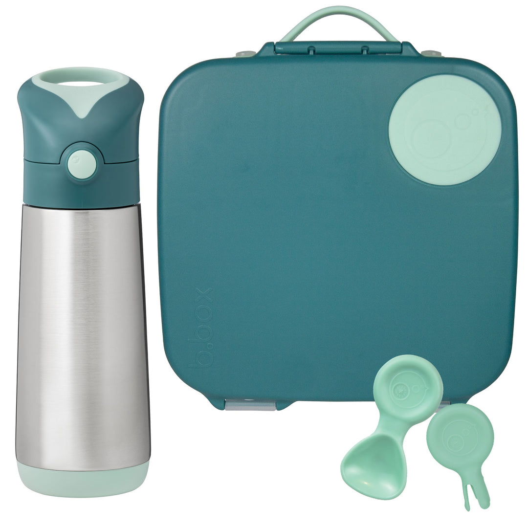 b.box Large Lunch Box & Large Bottle Bundle - Emerald Forest - Bonus Cutlery!